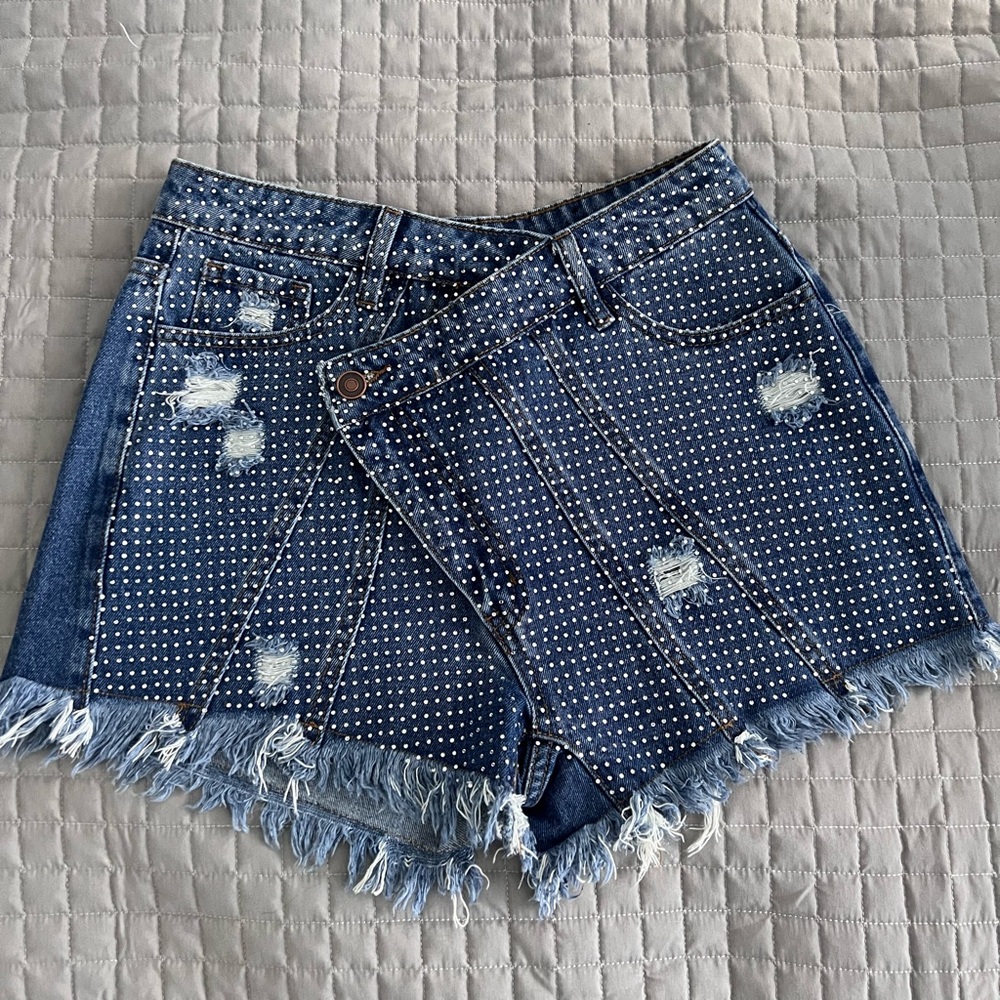 Fashion Nova studded asymmetrical denim jean shorts